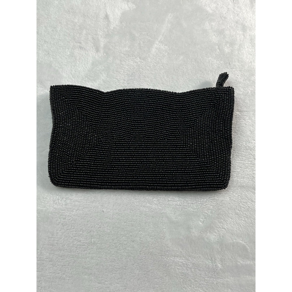 Small Beaded Black Clutch Zippered Made in Japan Lined approx 7" x 4 " - Picture 2 of 7